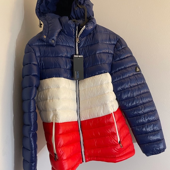 Mens Color Block Puffer Jacket Size Large Red White Blue - Picture 11 of 11
